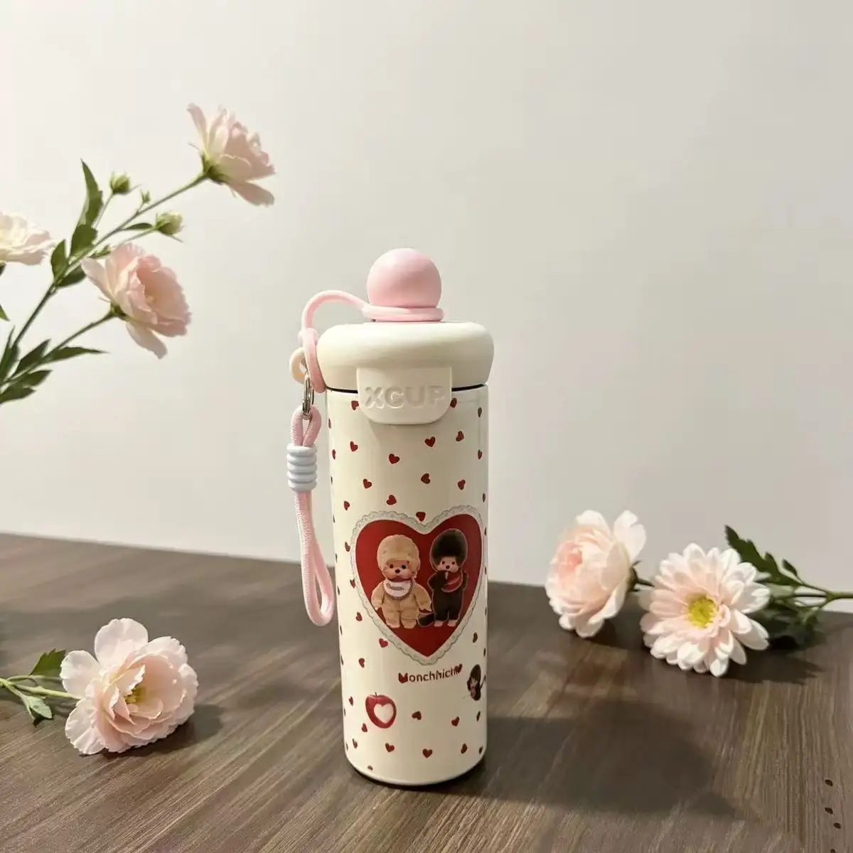 600ml 뉴 치치 여행용 컵 휴대용 손잡이 빨대컵 귀여운 만화 캐릭터 이중 보온병 물병
