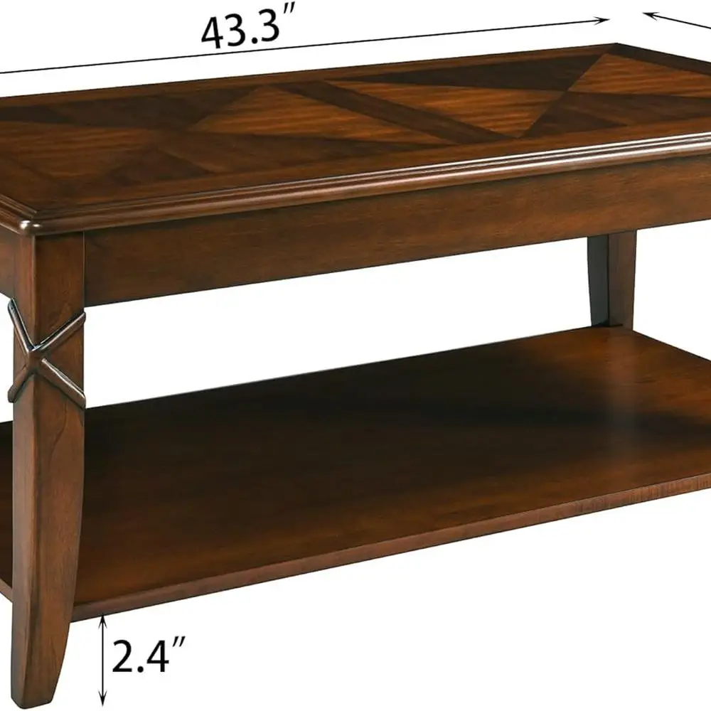 Mid-Century Cherry Queen Anne Coffee Table with Storage, 43.3W x 23.6D x 17.7H, Easy Assembly, KFZ-DR200