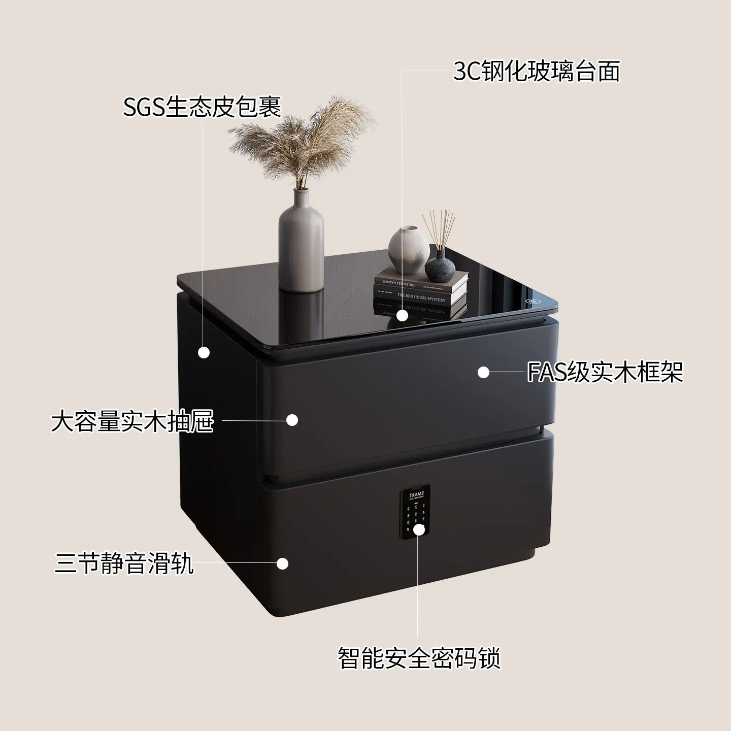 Solid wood bedside table, full glass bedside storage cabinet, small modern simple household light luxury