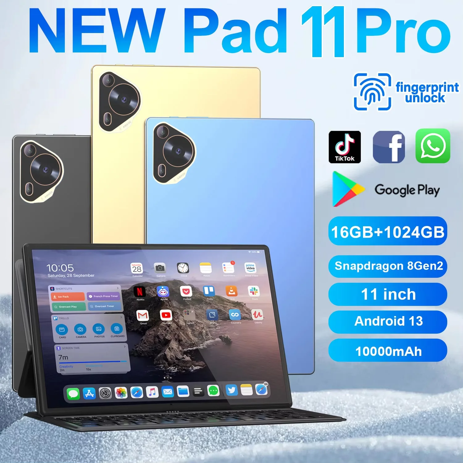 Tableta Android 13 de 2025 pulgadas, Snapdragon8 Gen2, 10,1 mAh, 16GB + 1TB, 11 Pro, GPS, 5G, WiFi, Bluetooth, Dual SIM Tab, nueva versión Global 10000