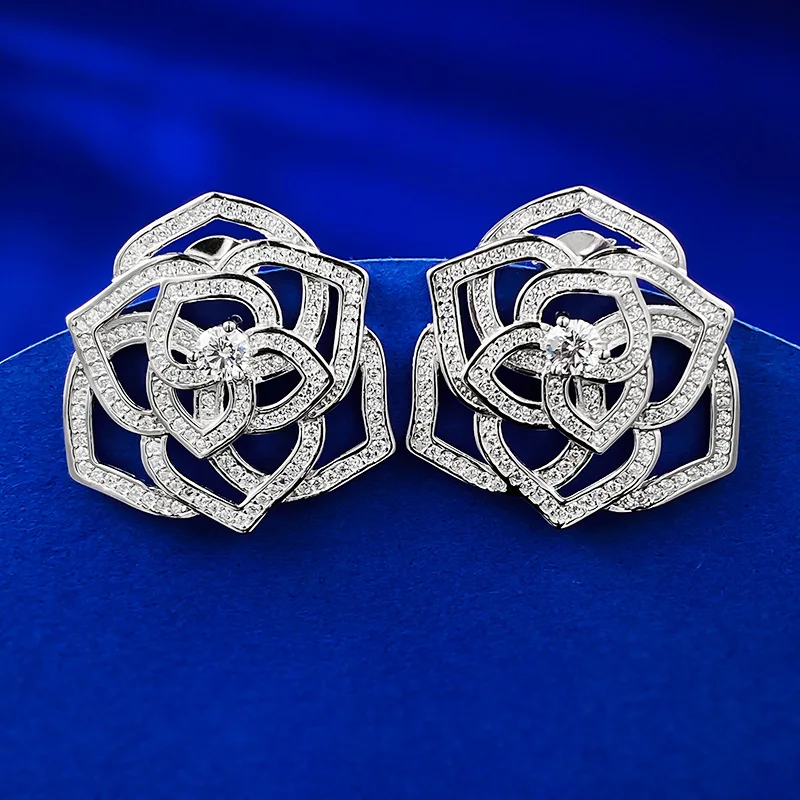 Rose Small Fragrant Wind Mountain Camellia Earrings s925 Sterling Silver Full Diamond Celebrity Light Luxury Earrings