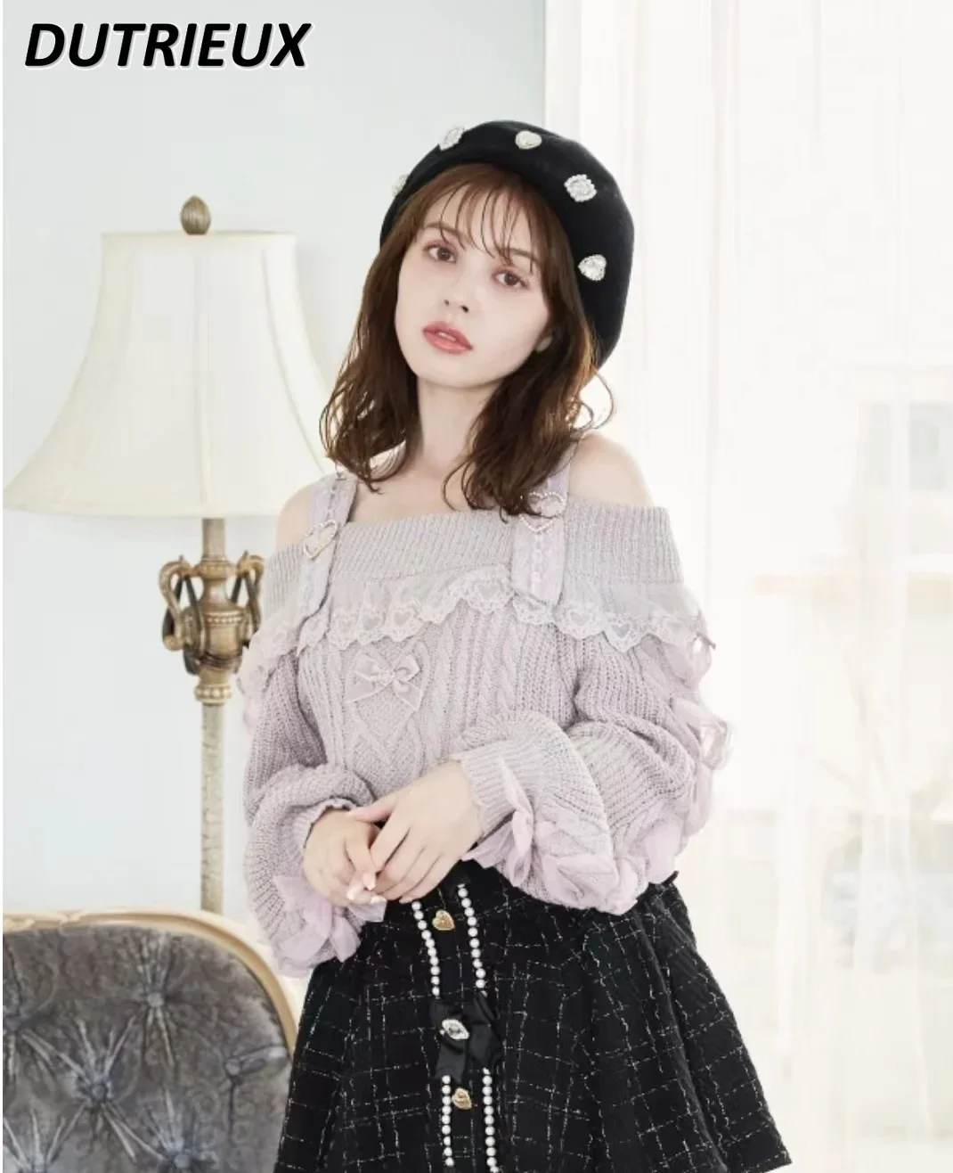 Autumn Winter New Cute Girl Versatile Sweater Japanese Mine Off-the-shoulder Sweet Suspender Lace Sexy and Thin Knitted Pullover