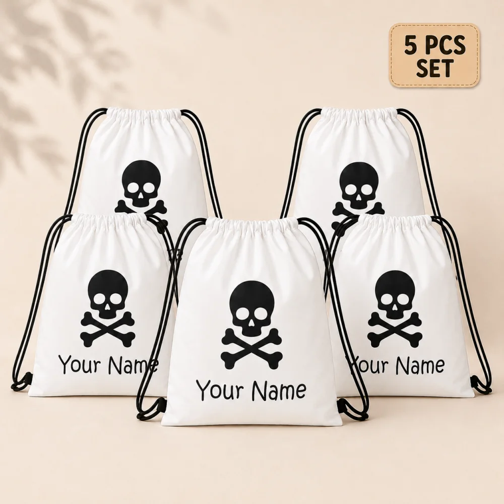 5 Pack Personalized Skull Crossbones Drawstring Backpacks Custom Name Kids Halloween Candy Bags Trick Or Treat Sack Set