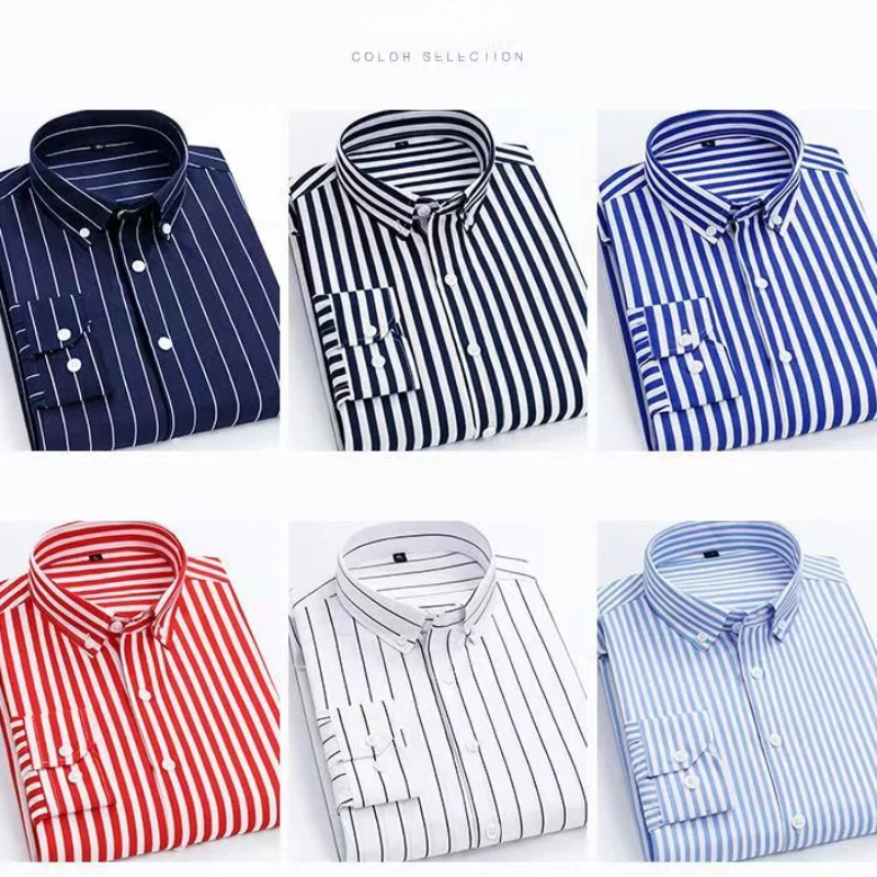 Men\'s Long Sleeve Slim Fit Striped Shirt Non-iron Korean Print Shirt All-Match Business Casual Dress Shirts White Blue Color