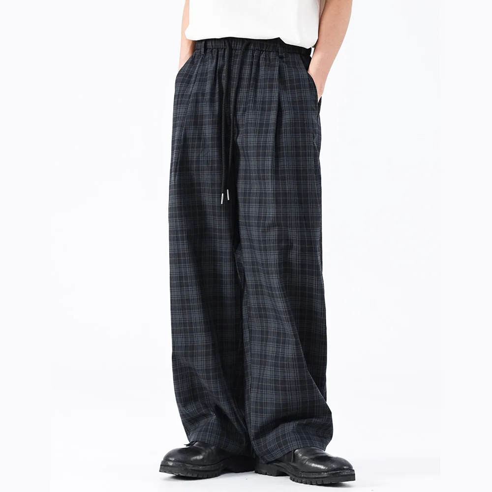 Summer Vintage Japanese Plaid 100% Cotton Men's Loose Straight Casual Wide Leg Baggy Pants Cityboy Trousers