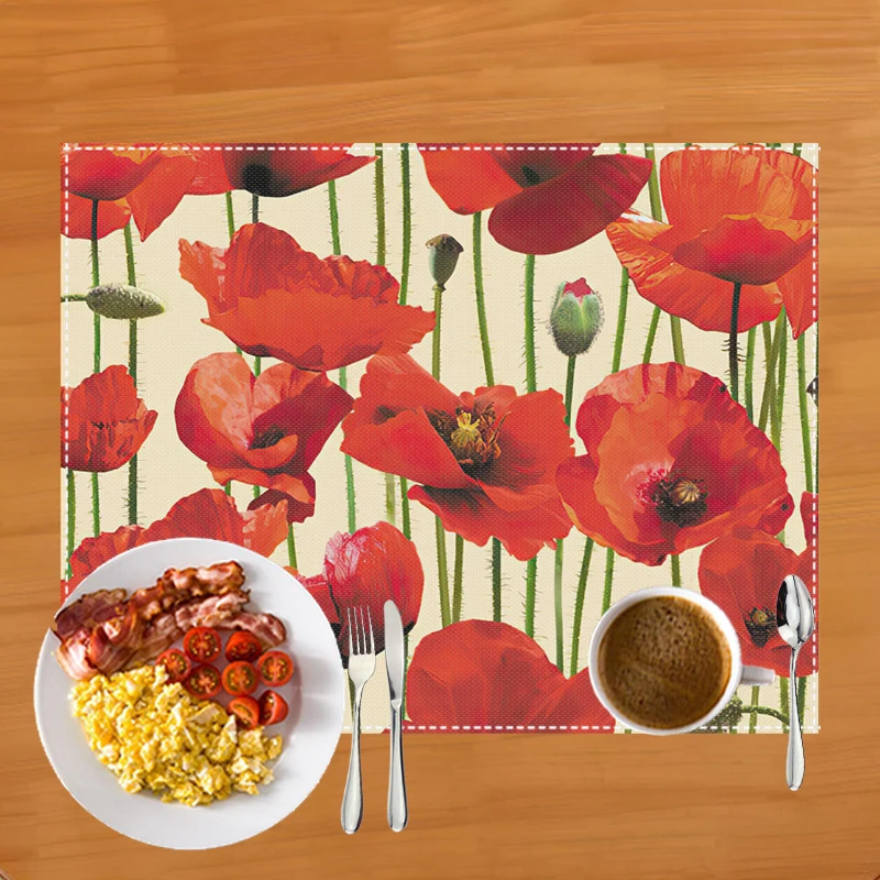 Fashion Red Poppy Flowers Print Table Mats for Dining Coffee Cup Coaster Linen Placemat Kitchen Accessories Dish Drying Pads