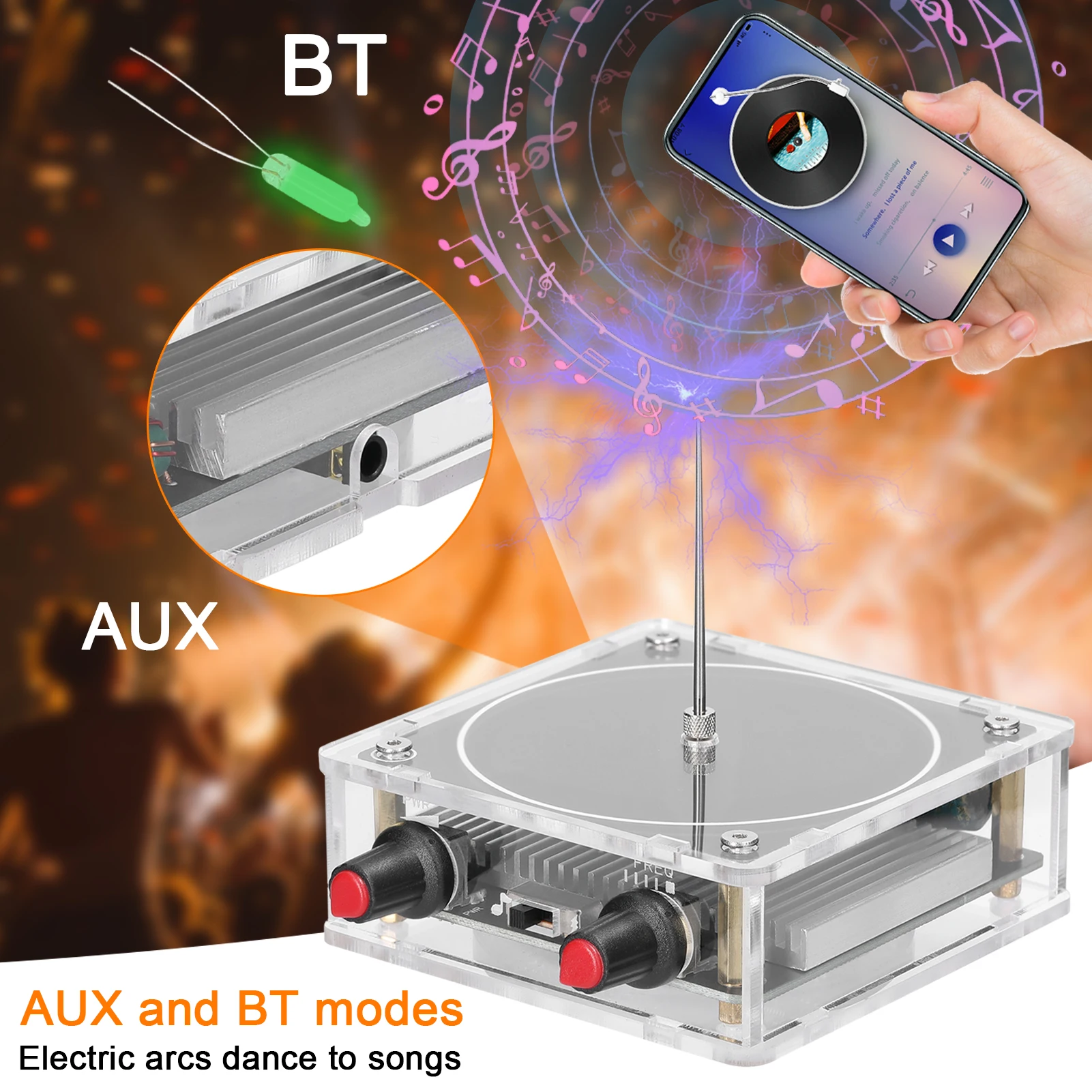 Music Tesla Coil Bluetooth/AUX Dual Mode Music Box Artificial Lightning Touchable Audio Input Bluetooth Science Experiments