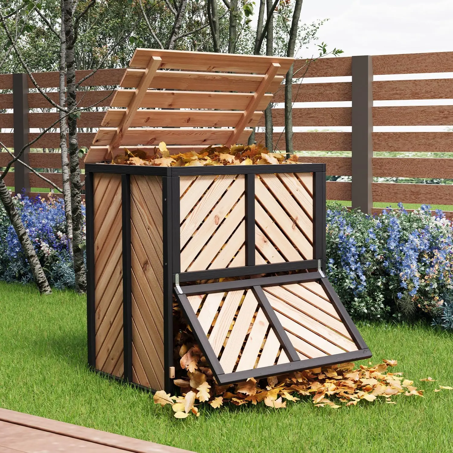 115 Gallon Solid Wood Composter, Outdoor Compost Bin with Pull-Out Door and Flip-Top Lid, Heavy Duty Composting Bin for Outside