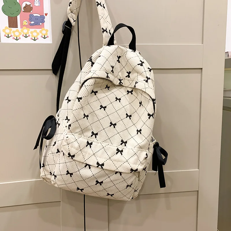 1pcs Cream Sweet Style Corduroy Backpack Moderate Size Perfect for Campus Outfit Study Trip Teen Daily Rucksack