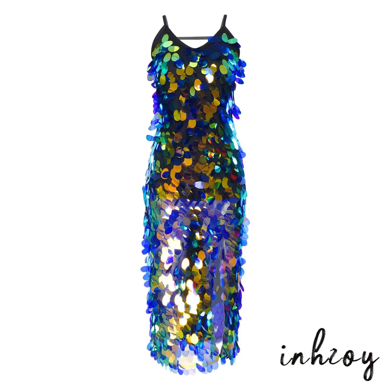 

Women Belly Dance Latin Samba Dance Glittery Gradient Sequin Dance Dress Sleeveless Side Split Hem Mermaid Sequin Maxi Dress