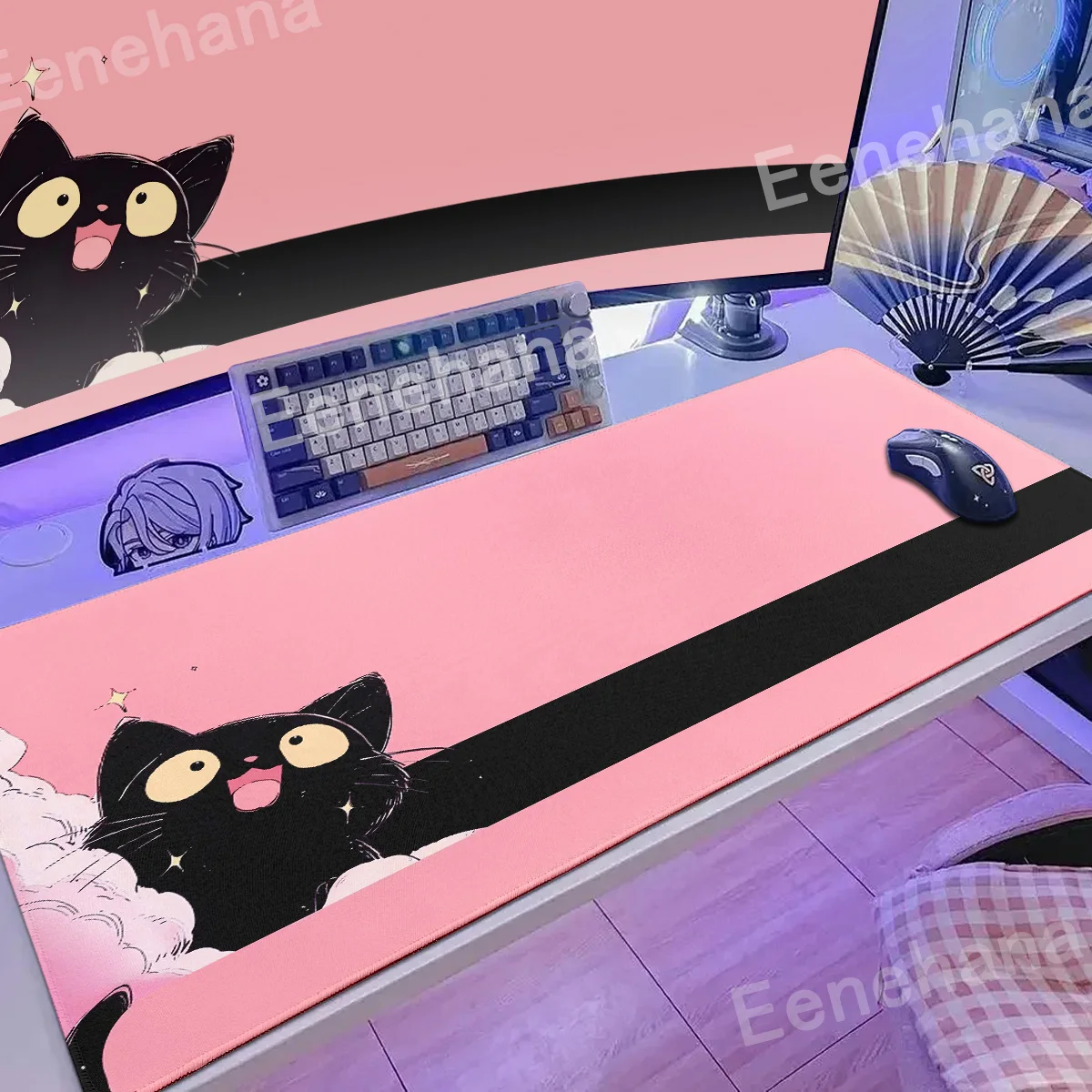 

kawaii Non-Slip Game Desk Mat Cute girl carpets HD Print Large Gaming Keyboard Expansion Pad XXL Pink Black Cat Rubber Mouse Pad