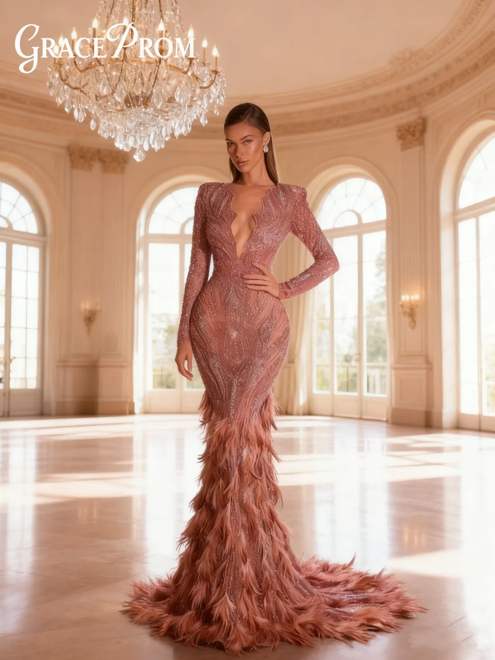 Elegant Deep V-Neck Evening Dress Luxurious Feather Red Carpet Gown 2026 Formal Long-Sleeved A-Line Floor-Length Party Gown