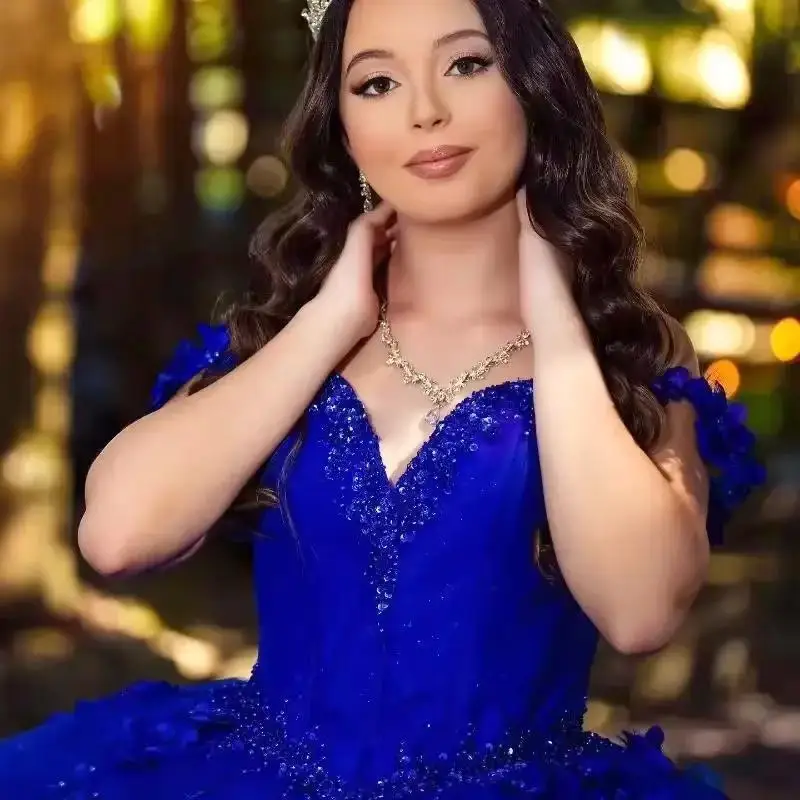 

Customized Royal Blue Ball Gown Beads Off The Shoulder Quinceanera Dresses Tull Party Birthday Flower Sweet Vestidos De 15 Anos