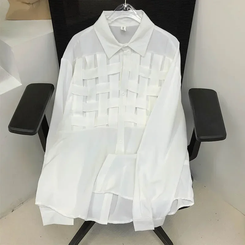 EBAIHUI-camisas ahuecadas para mujer, blusa lisa de manga larga con solapa, cintura holgada, retales, Poly, informal, elegante, 2024