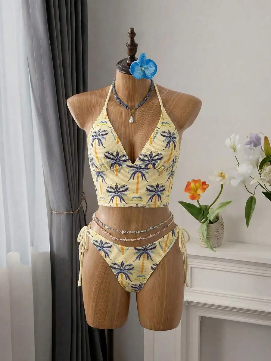 

Cream Yellow Palm Tree Print Halter Neck Two-Piece Swimsuit With Adjustable Side-Tie Bottoms And Beaded Waist Chain, Boho