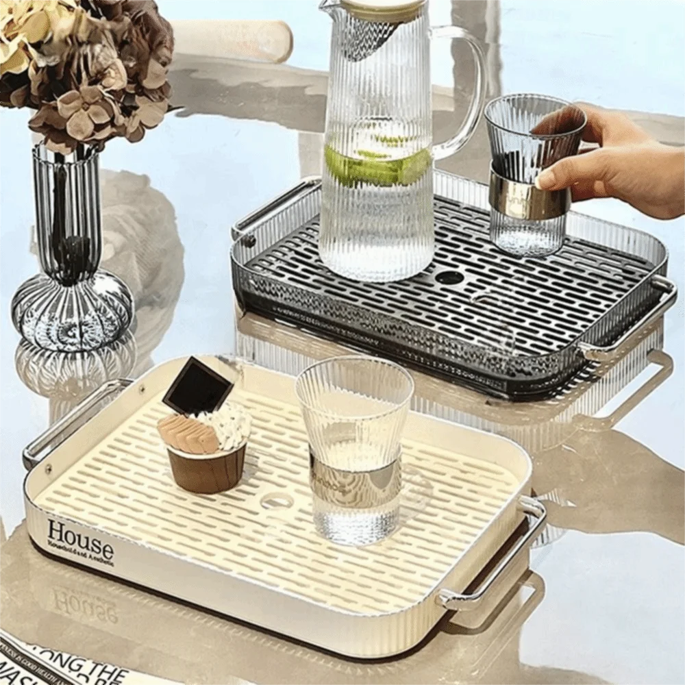 

Multipurpose Plastic Rectangular Tea Tray Drainable Large Capacity Fruit Dessert Tray with Handle Cutlery Holder Kitchen