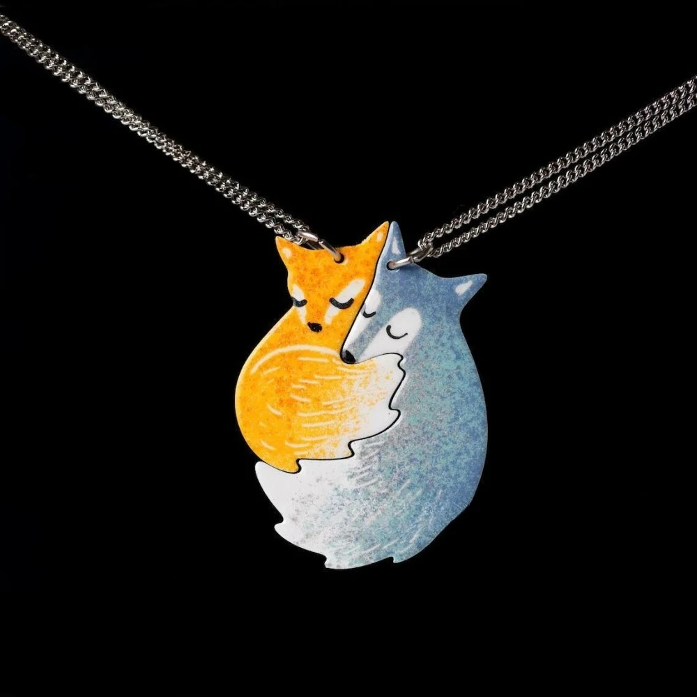 2pcs Set Cute Creative Fox Wolf Snuggle Up Pendant Necklace Earrings for Women Men Couple Friend Cartoon Trendy Jewelry Set Gift