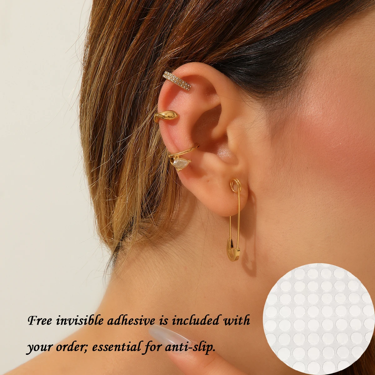 4Pcs Gold Color Stainless steel Non Piercing Ear Cuff Set Fashion Crystal Safety Pin Dangle Earrings Y2K Punk Jewelry for Women