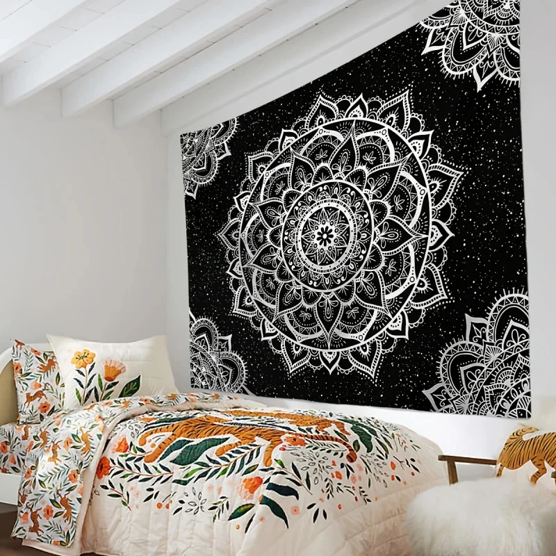 VIKAMA Black and White Mandala Tapestry, Boho Floral Print Wall Hanging for Bedroom, Dorm, Living Room & Hippie Home Decor