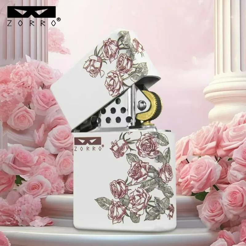 ZORRO Second Generation Passionate Love Rose Color Printing Flip Windproof Grinding Wheel Gift for Girlfriend Goddess Lighter