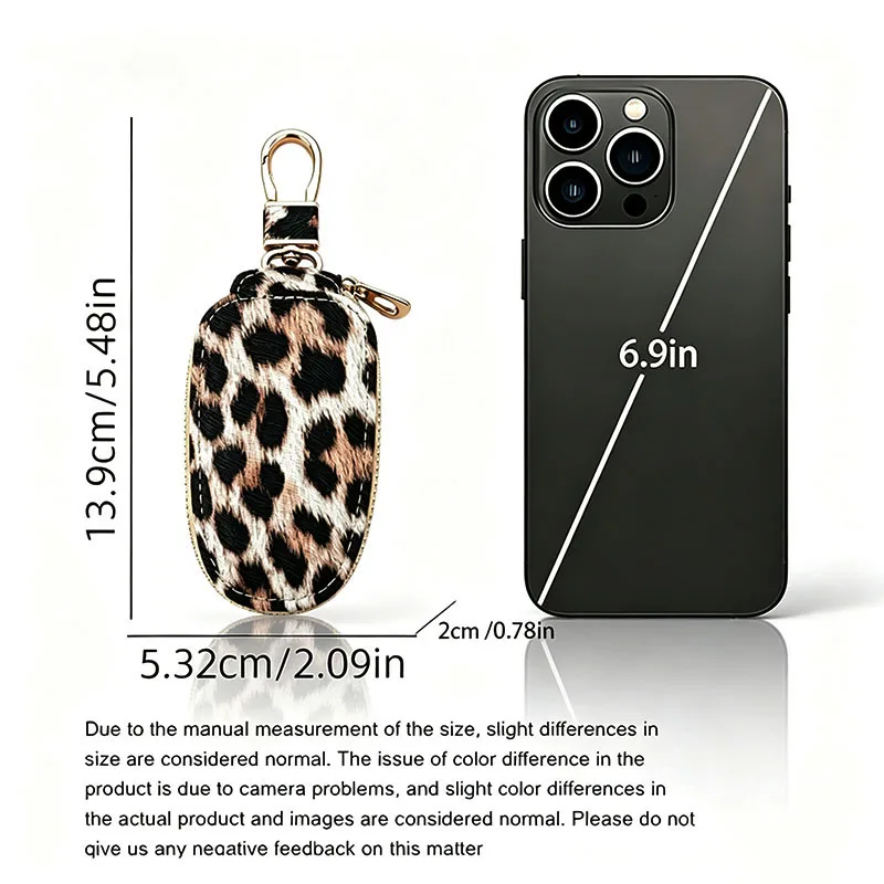 leopard print Men PU Car Key Fob Protector with Zipper, Multi-functional Keychain, Zipper Car Key Case Holder for Unisex
