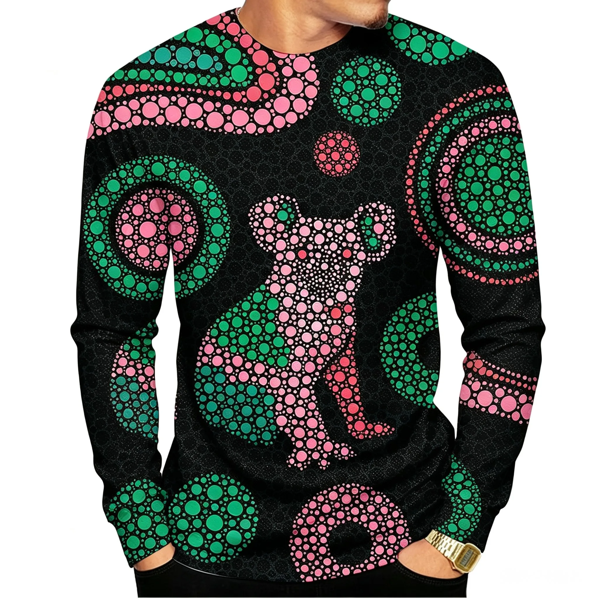 Men All Over Print Long Sleeve T-Shirt Aboriginal Dot Art Lizard Frog Graphic Casual Tops
