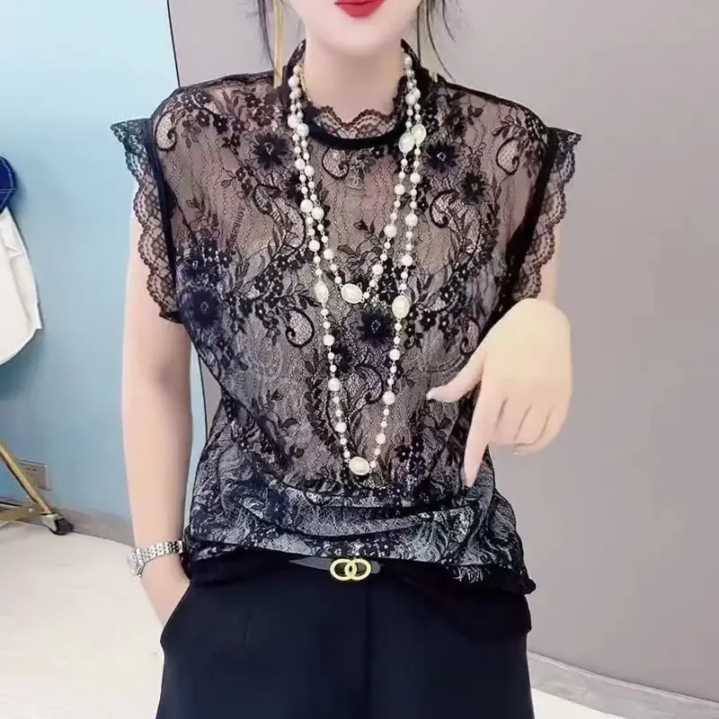

Summer Thin Sleeveless Female Clothing Casual Stand Collar Korean Slim Shirt Elegant Sexy Lace Spliced Blouse Fashion Hollow Out
