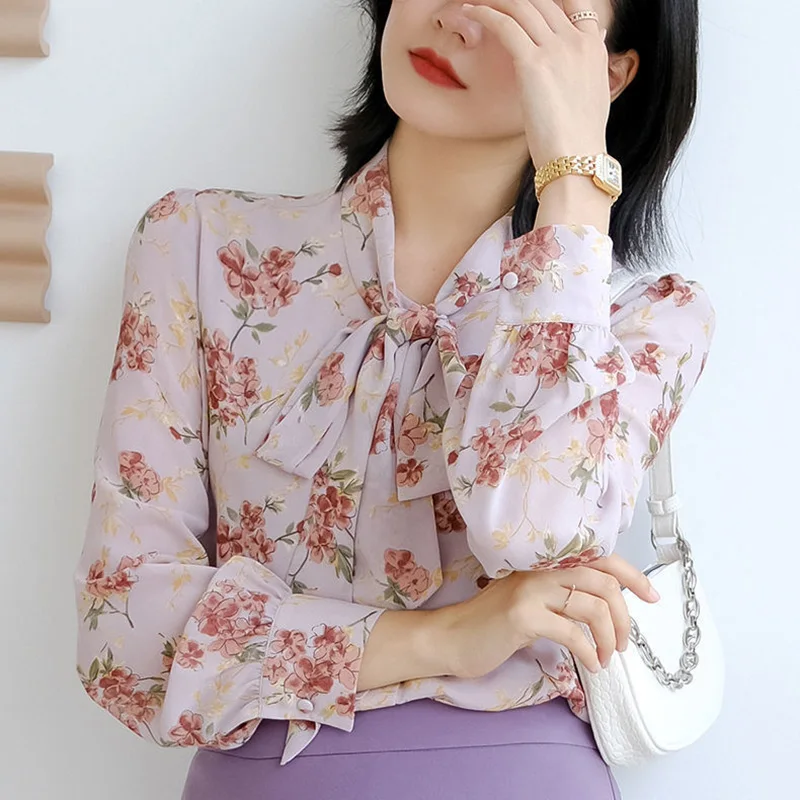 Elegant Scarf Collar Printed Lace Up Bow Blouses Women's Clothing 2023 Autumn Winter Loose Korean Pullovers Office Lady Shirts