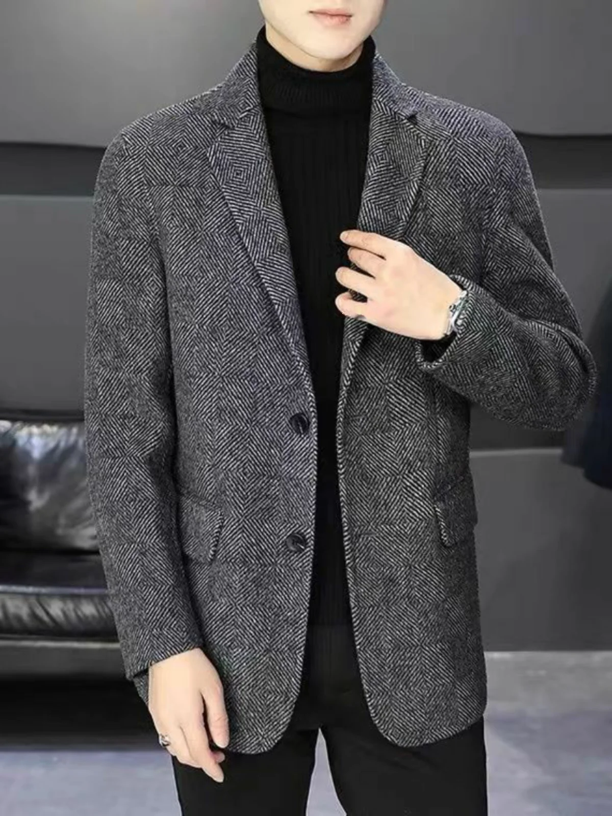 

Мужской шерстяной костюм Ele Casual: стильный приталенный пиджак для бизнеса, зимнее пальто с воротником-стойкой, на двух пуговицах, однобортное...