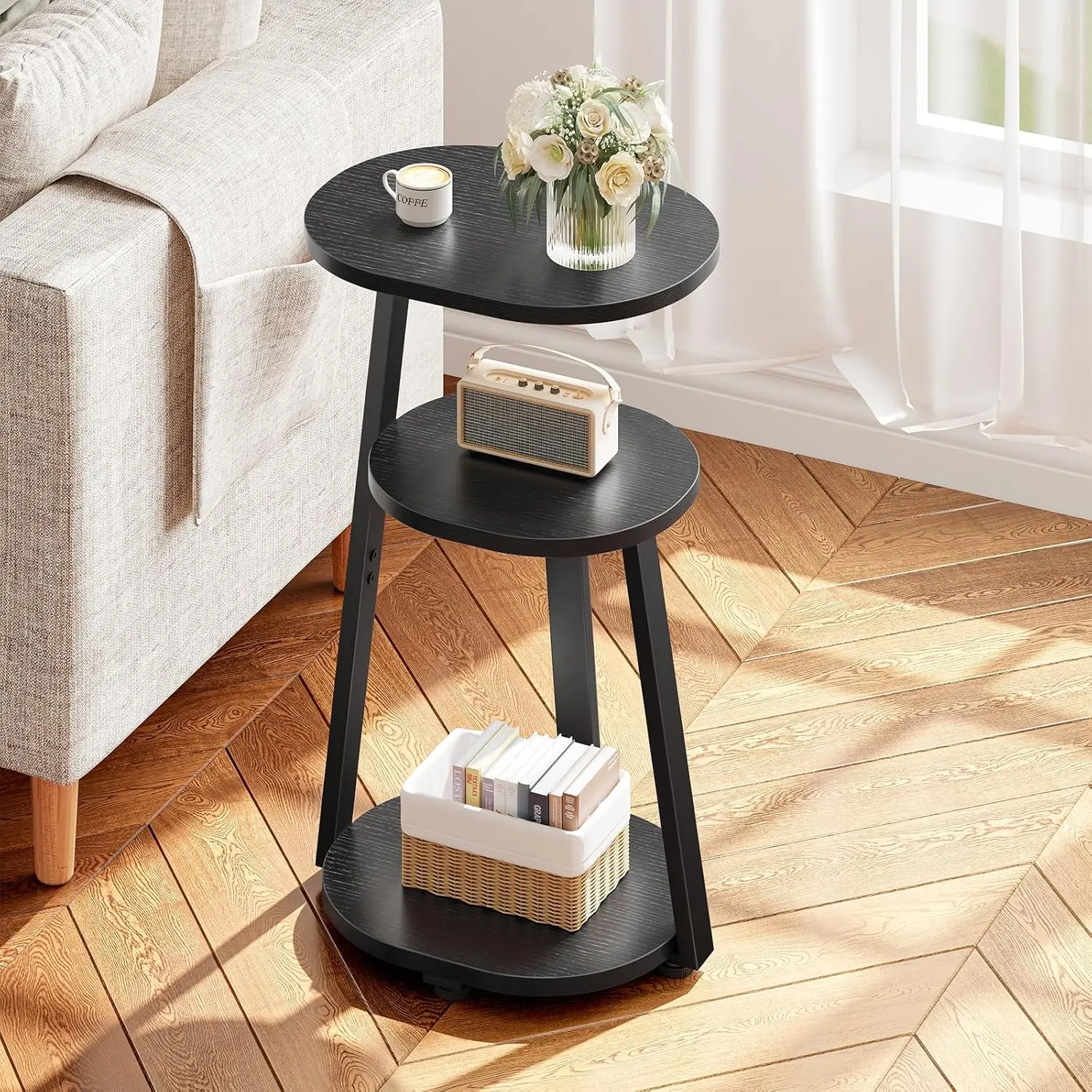 

Side Table, Small End Table with Metal Frame, 3-Tier Bedside Tables, Round Side Tables for Living Room Bedroom Couch Bathroom