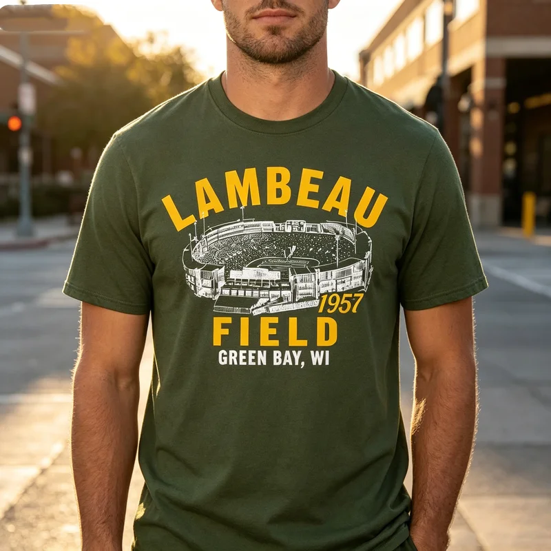 Vintage Green Bay Sports Tee Lambeau Field Print Men Women Cotton Short Sleeve Trendy Wisconsin Football Fans