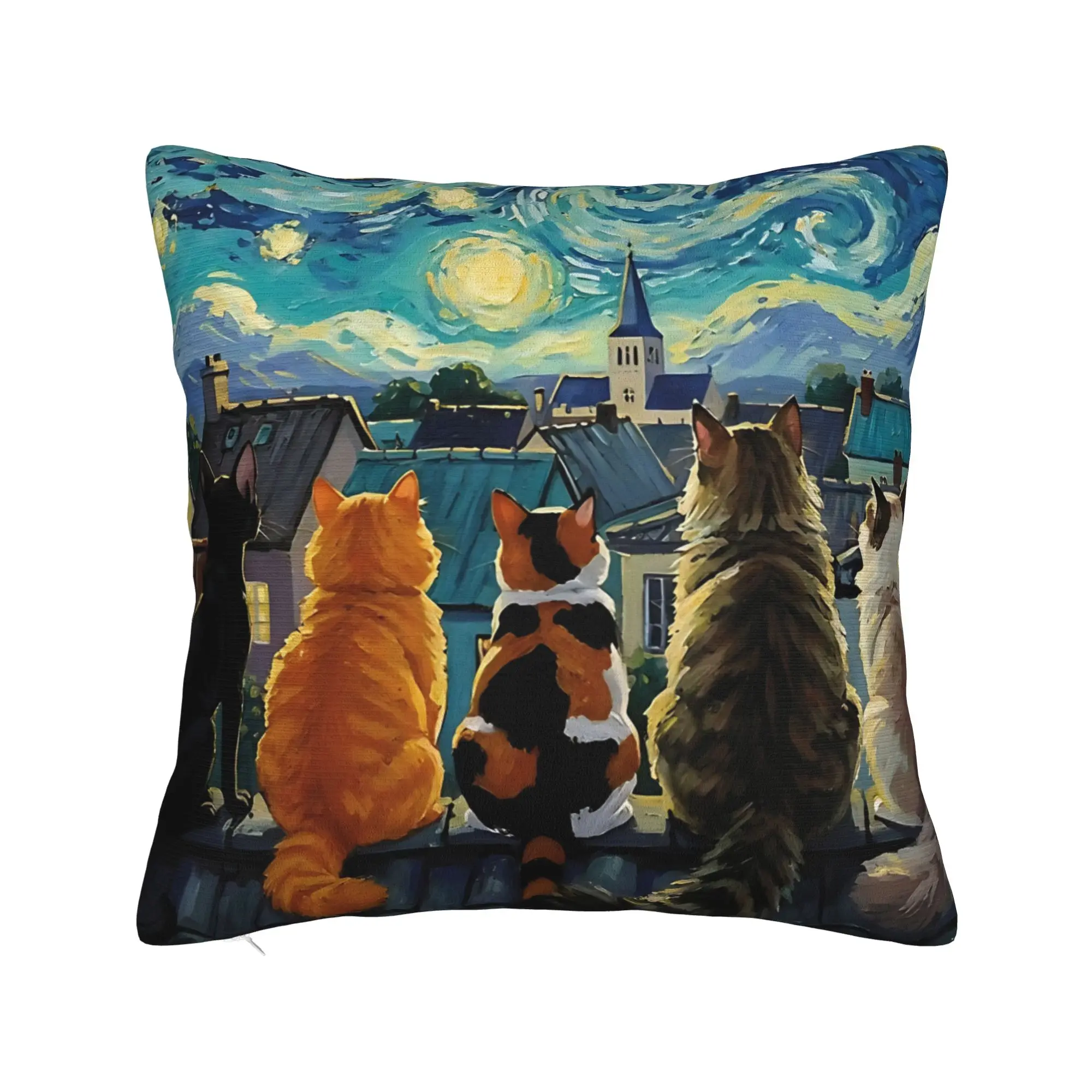 Cat Van Gogh Starry Night Cats Rooftop Scene Feline Pillowcase Cushion Cover Decor Pillow Case Cover Home Drop Shipping 45X45cm