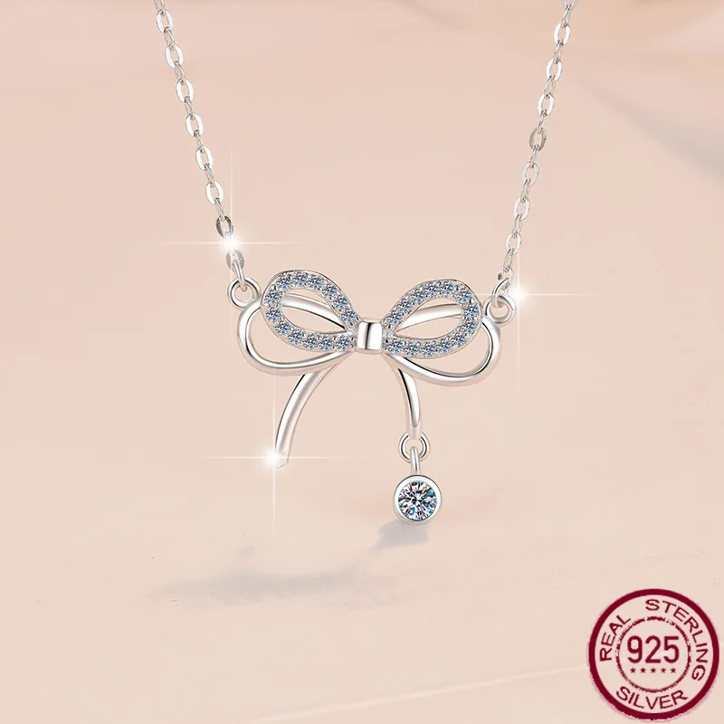 

New bow tie necklace for women s925 pure silver collarbone chain fashion sweet moissanite pendant wedding jewelry
