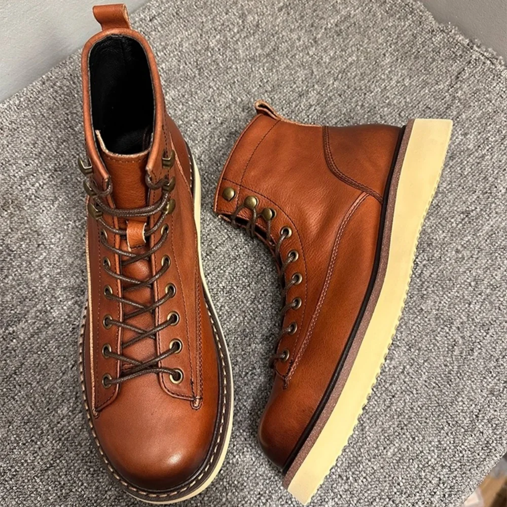 QHCCID Handmade Retro Horsehide Men's Boots Winter and Spring Add Short Plush Warm Motorcycle Boots Paratrooper Boots Men's