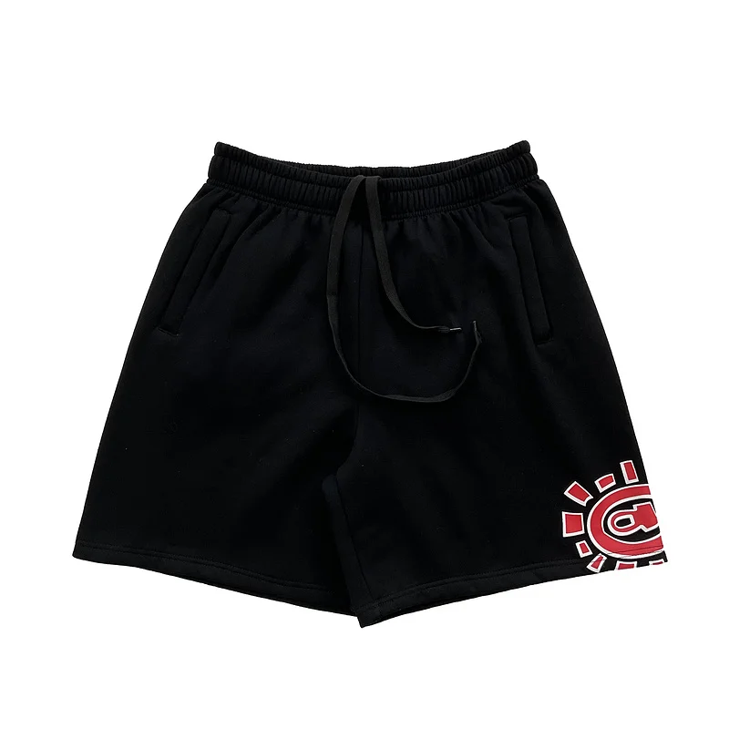 ADWYSD ベーシック サン プリント フリース裏地付きスポーツショーツ ハイストリート サマー カジュアル ドローストリング 五分丈 ストレートレッグパンツ