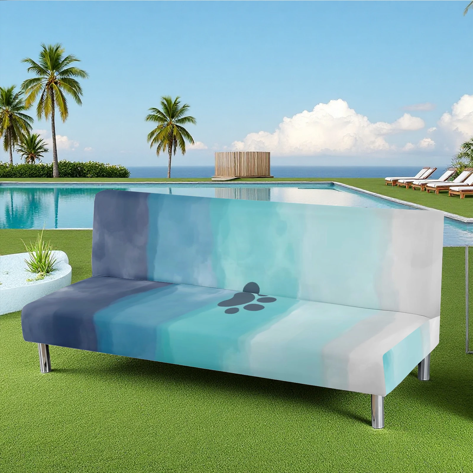 Ocean Wave & Paw Print Summer Outdoor Sofa Bed Cover, Milk Silk Elastic Slipcover, Pet - Friendly, Washabl