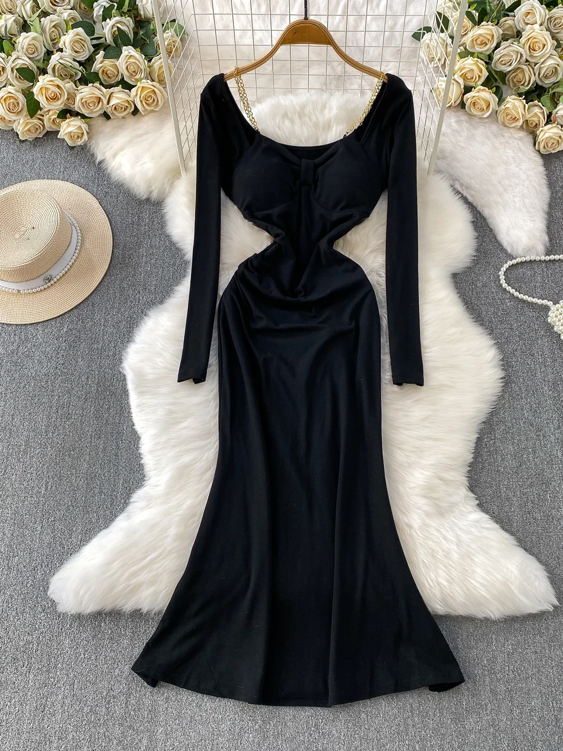 

Sexy Knitted Long Dr Women's Autumn Winter High Waist Fi Tail Gown Square Collar Chain Design Ci Commute Suitable