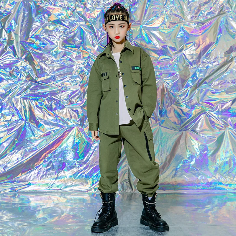 Kids Concert Hip Hop Clothing Army Green Jacket Streetwear Military Tactical Cargo Pants For Girls Jazz Dance Costume Clothes