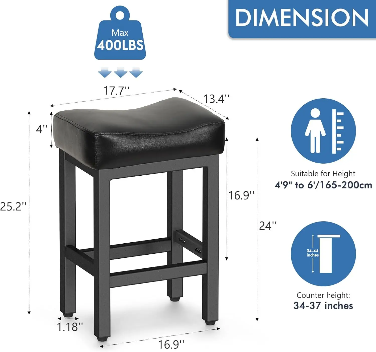 Height Bar Stools Set of 2, 24 Inch Barstools for Kitchen Island Counter, Bonded Leather Kitchen Stools with Thick Saddle Seats