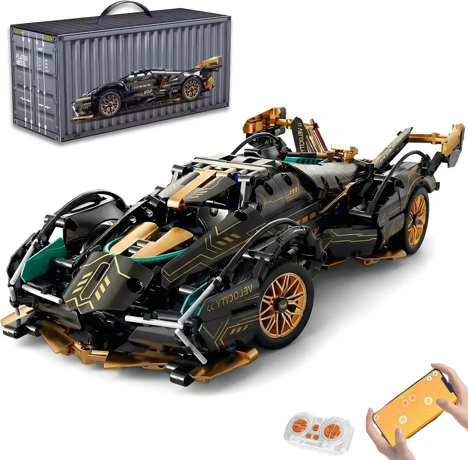 1:14 Scale App-Controlled Building Car Kit with 975 Pieces, LED Lights, Motorized Functions, Dual Control - Ideal for Collection, Display, and Gifting