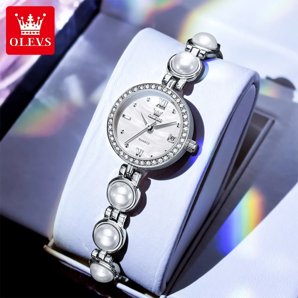 ساعات نسائية فاخرة من OLEVS بحزام لؤلؤ الماس وساعة كوارتز بتقويم مقاوم للماء ومجوهرات للسيدات ساعة يد أصلية