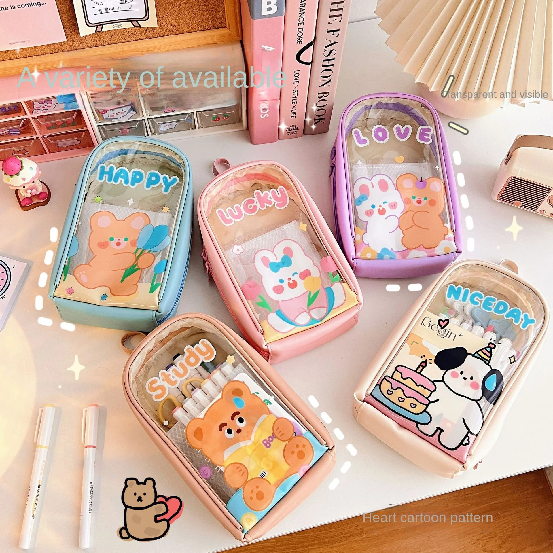 Cute Pencil Case Stationery Box Student Large Capacity Transparent Pencil Case Cartoon Stationery Bag Pencil Case Storage Bag