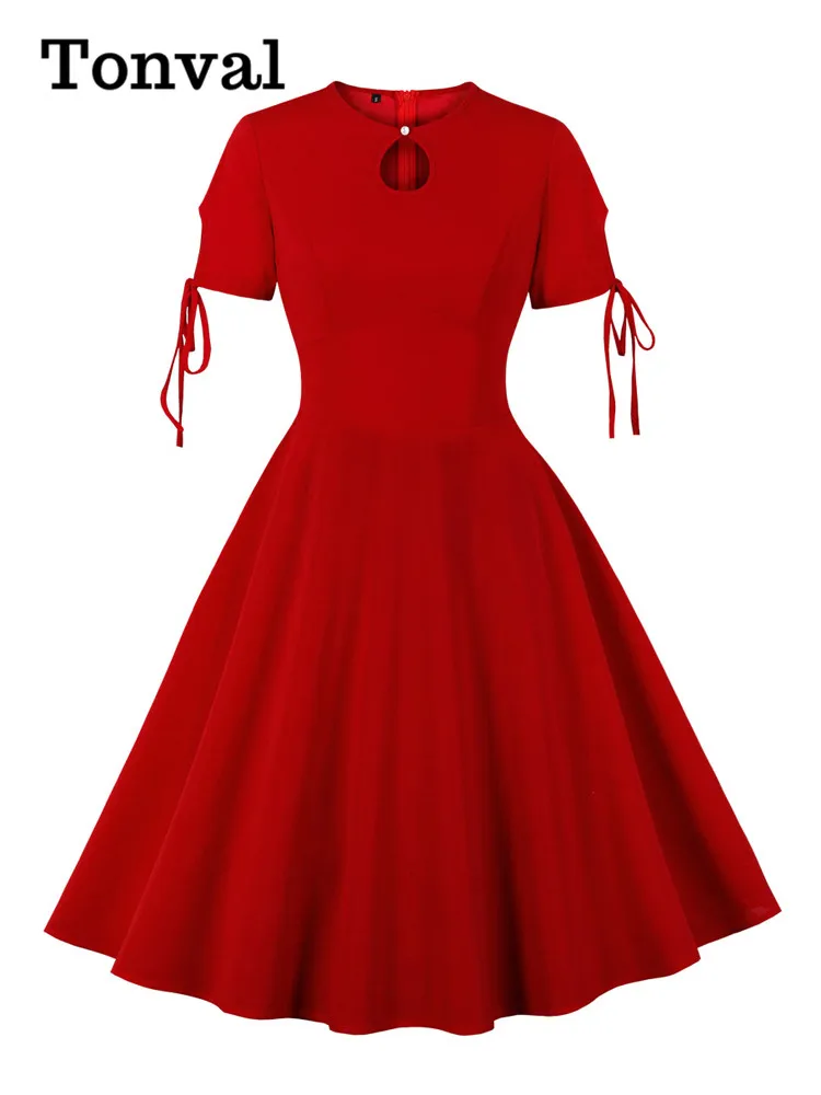 Tonval Red Elegant Solid High Waist Women Summer Dresses Keyhole Front Knot Cuff Vintage Swing Dress Party Evening 2025