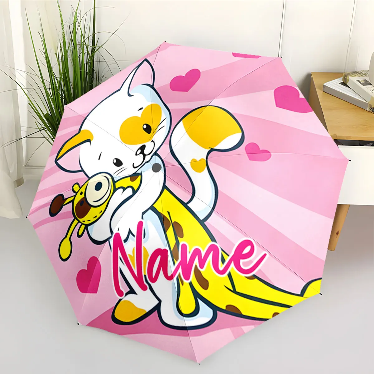 Custom Name Cute Cartoon Design Umbrella with Personalized Name Print 8 Iron Ribs Folding Umbrella Auto-Open Fashion Sunshade