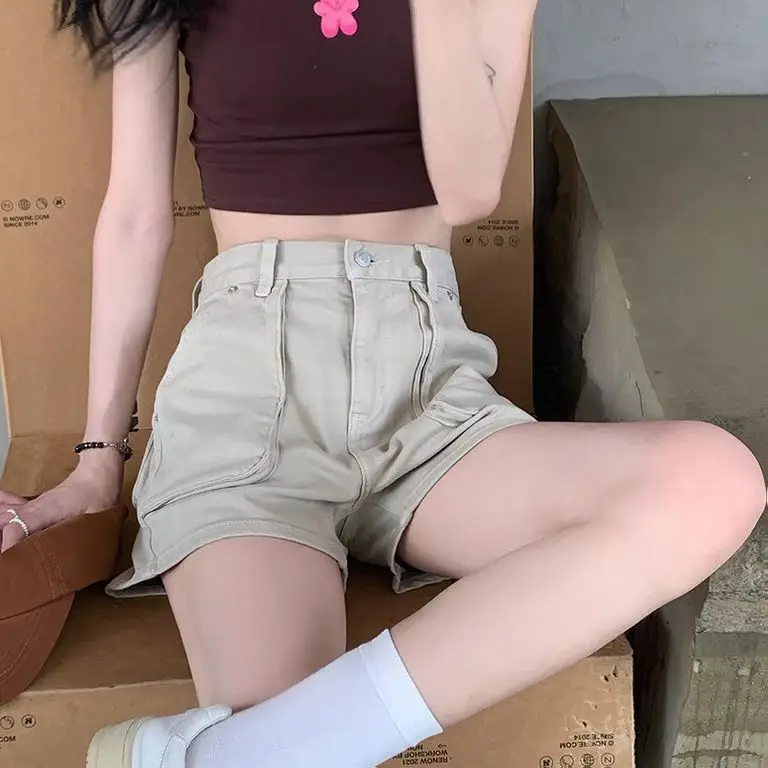 Khaki Shorts Cargo Summer Thin High Waist Big Pockets American Sweet Loose Sexy All-match Clothing Solid Daily Aesthetic Mujer