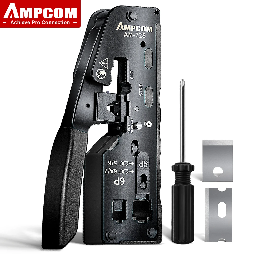 AMPCOM rj45 Crimper CAT7 Crimping Tool for Pass Through RJ11 RJ 45 Connector CAT6 CAT5E Modular Plugs With Wire Stripper Cutter