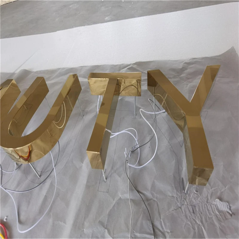 Custom made Gold mirror polished brushed stainless steel backlit LED letters, outdoor back illuminate LED business shop sign