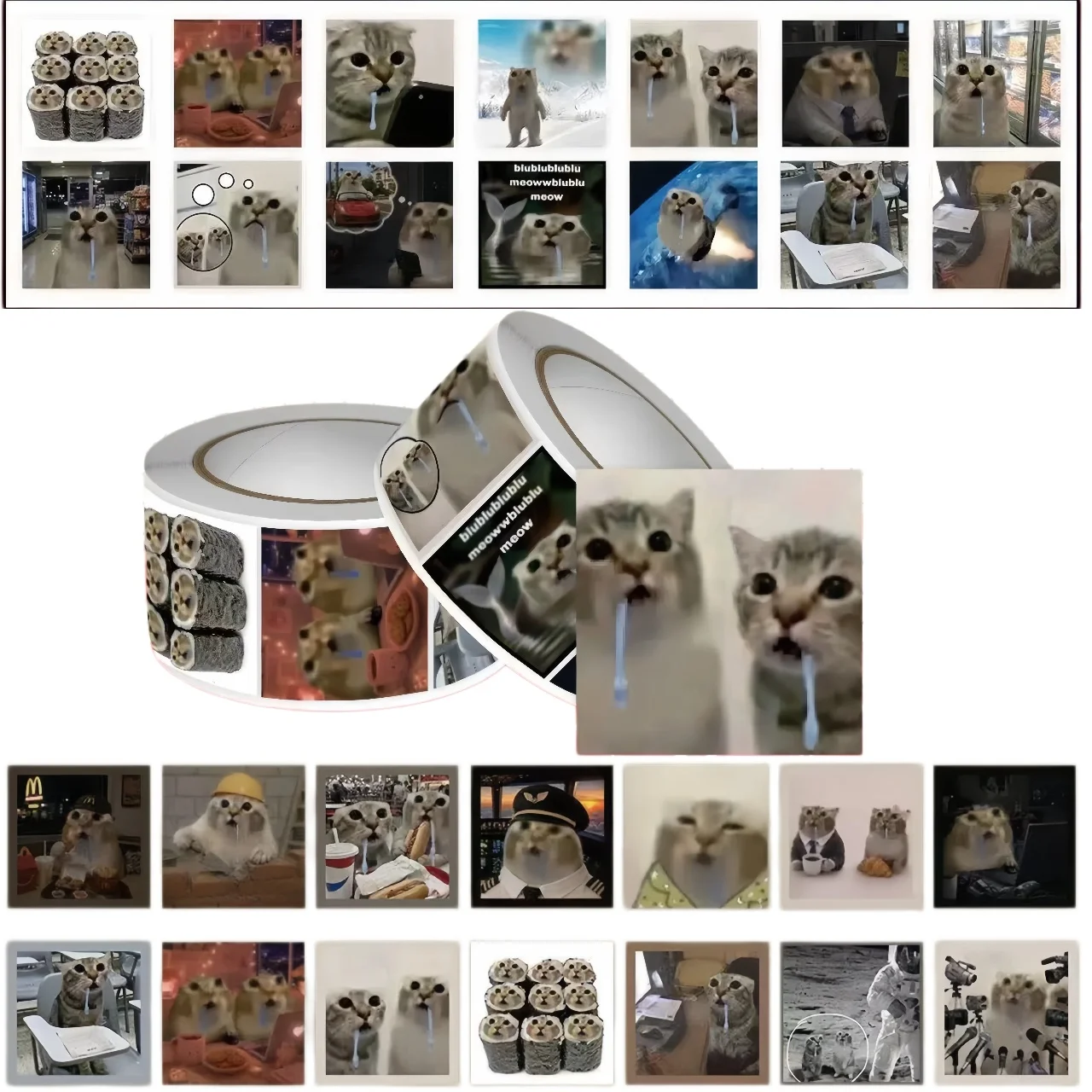 500Pcs/1000pcs Viral Saliva Cat Meme Roll Stickers Funny Internet Kitten Decor Decals for Scrapbook Stationery DIY Crafts