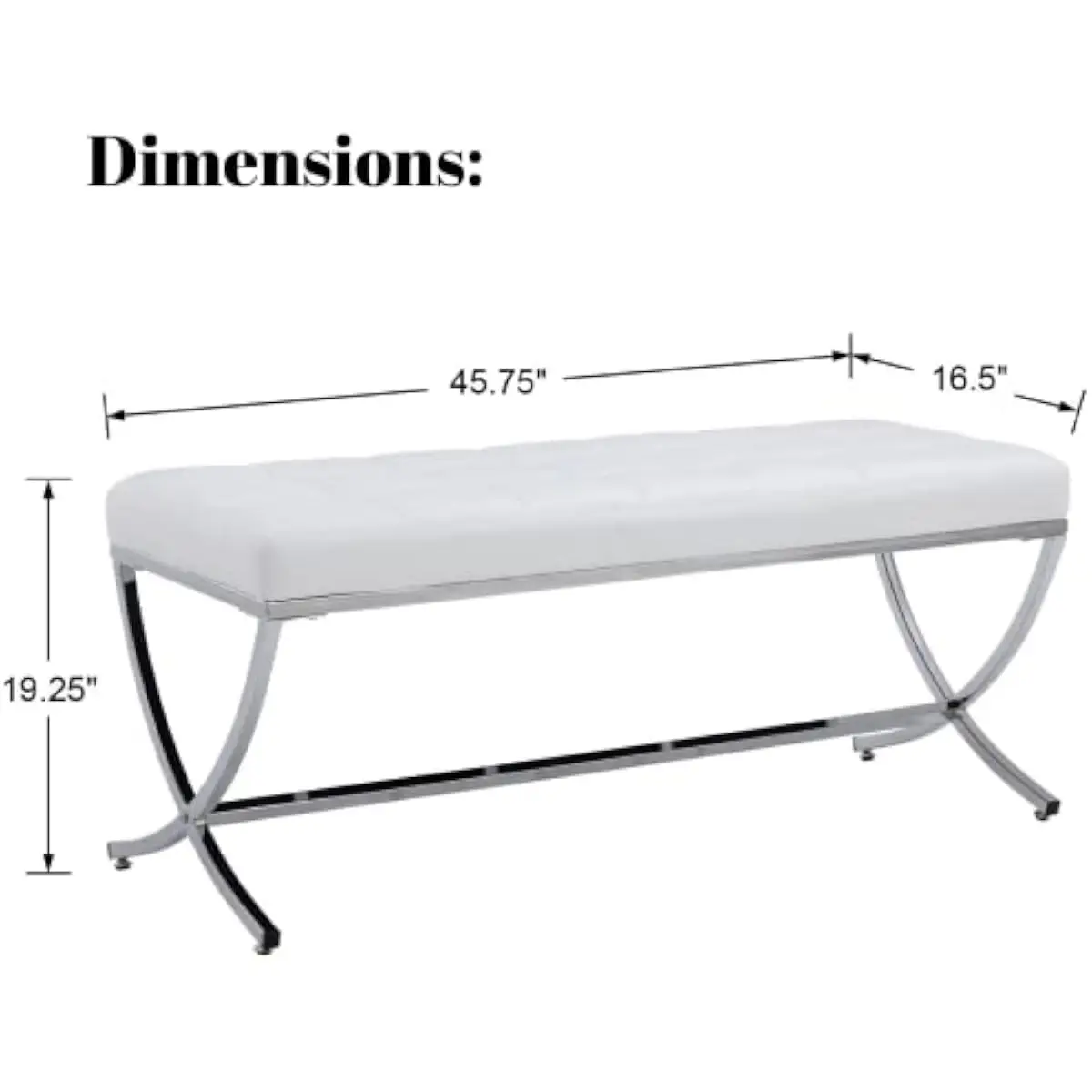 Contemporary White Faux Leather Bench with Chrome X-Leg Frame • Tufted High-Density Cushion • 45.75 Inch Wide • Space-Saving Mod