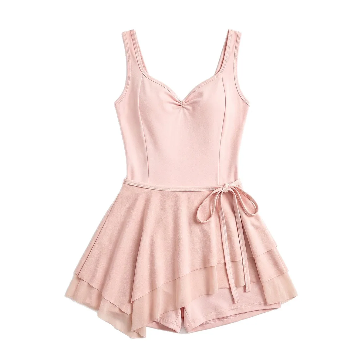 Women Square Neck Sleeveless Unitard Detachable Tie Detail Backless Ruched Waist Layered Hem Dress For Sports Workout Casual